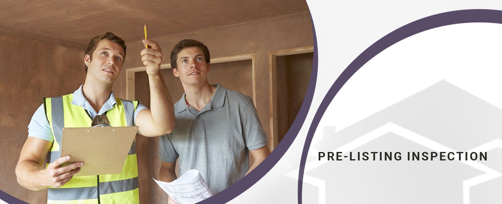 Two men standing in front of a house with the words prelisting inspection.