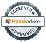 A badge with the words'screened and home advisor approved'.